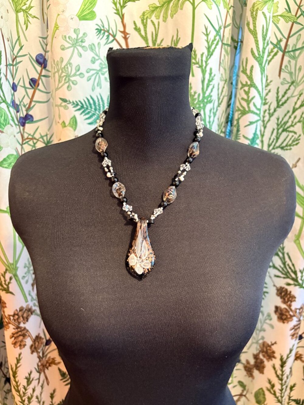 Lampwork Glass Beaded Necklace, Murano Style Tear Drop Pendant, Exotic Statement